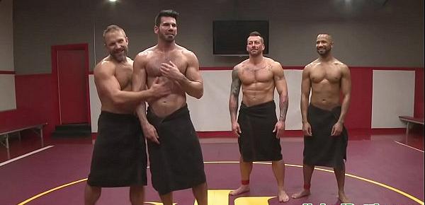  Group of buff hunks fight before sucking cock